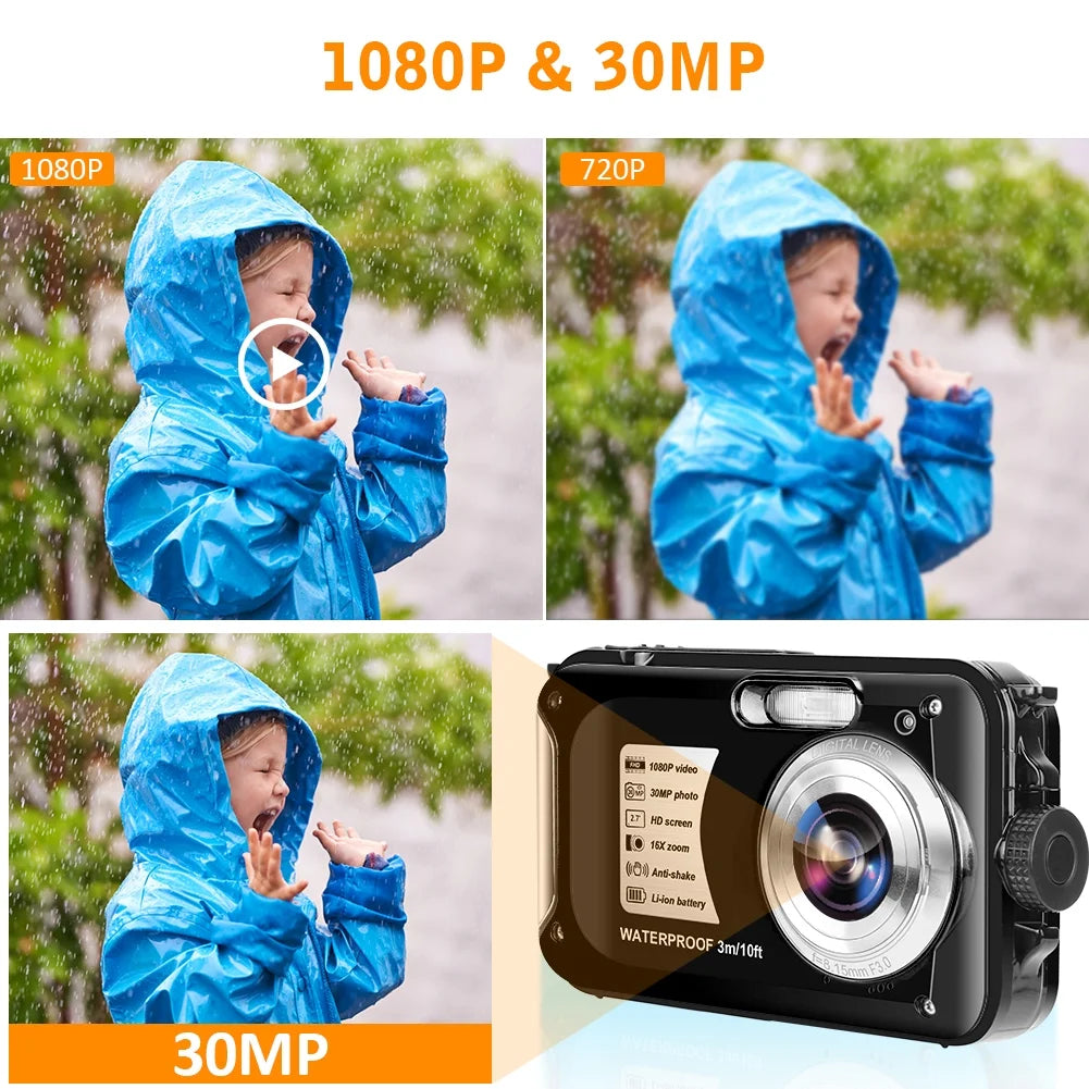 Black Waterproof Digital Camera 30 MP Full HD 1080P 16X Digital Zoom O7366