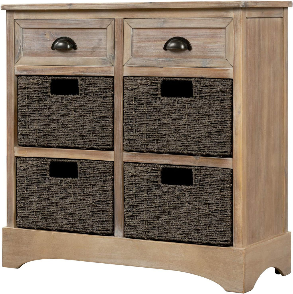 Solid Wood Wicker Storage Cabinet with 4-Basket Chest and 2 Drawers W363008
