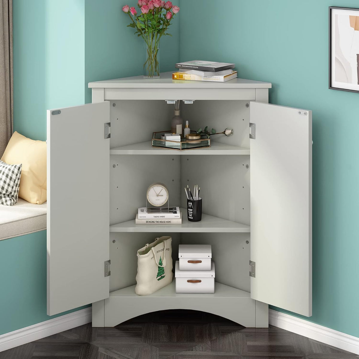 Grey Bathroom Corner Cabinet with Two Doors K896535