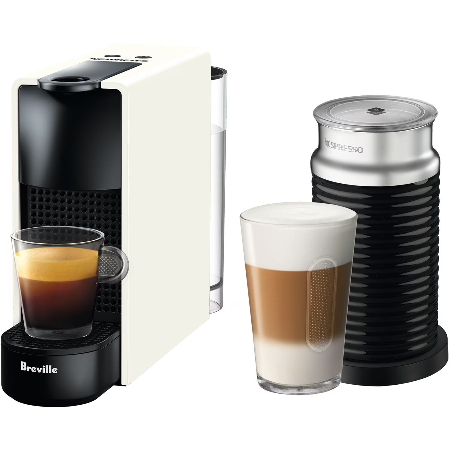 Nespresso Essenza Mini Single-Serve Machine in Pure White and Aeroccino Milk Frother in Black X385