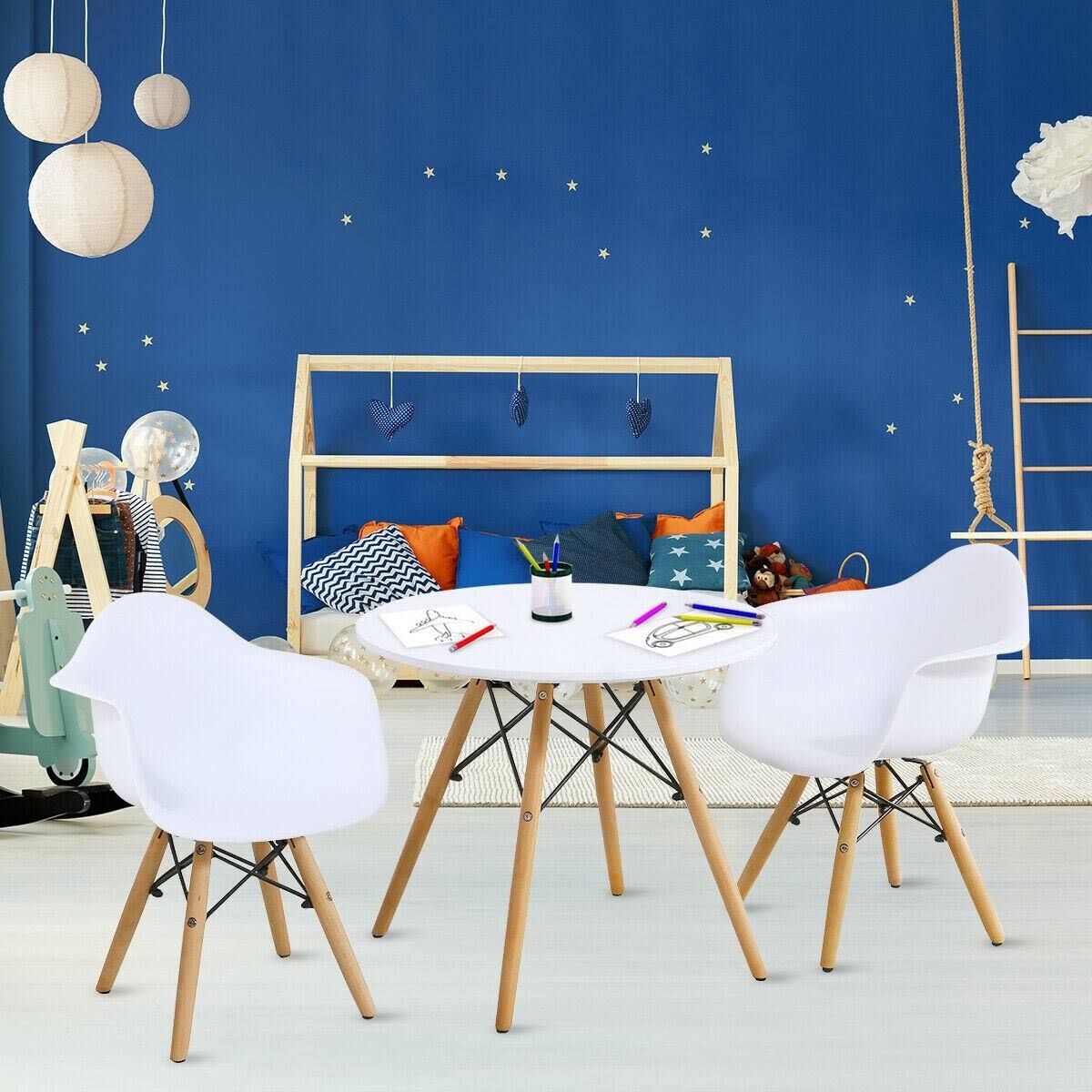 3 Piece Kids Round Table Chair Set with 2 Arm Chairs White P728