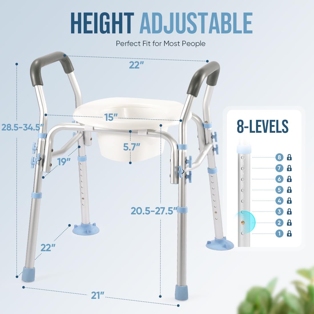 Stand Alone Raised Toilet Seat with Safety Frame, Height Adjustable Legs H384