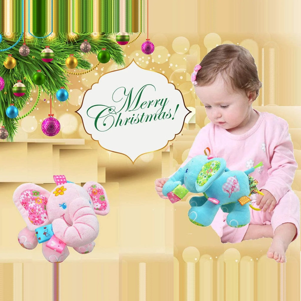 Baby Musical Stroller Toys Elephant Plush Stuffed Infant Toy with Musical Box, Squeaky Feet, BPA Free Teether A90083