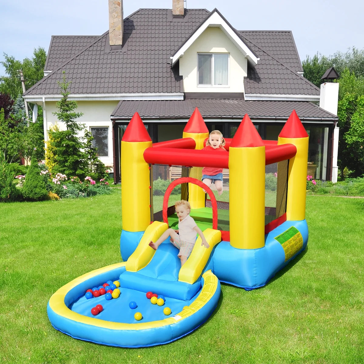Inflatable Bounce House Kids Slide Jumping Castle with Pool and 550W Blower D7031