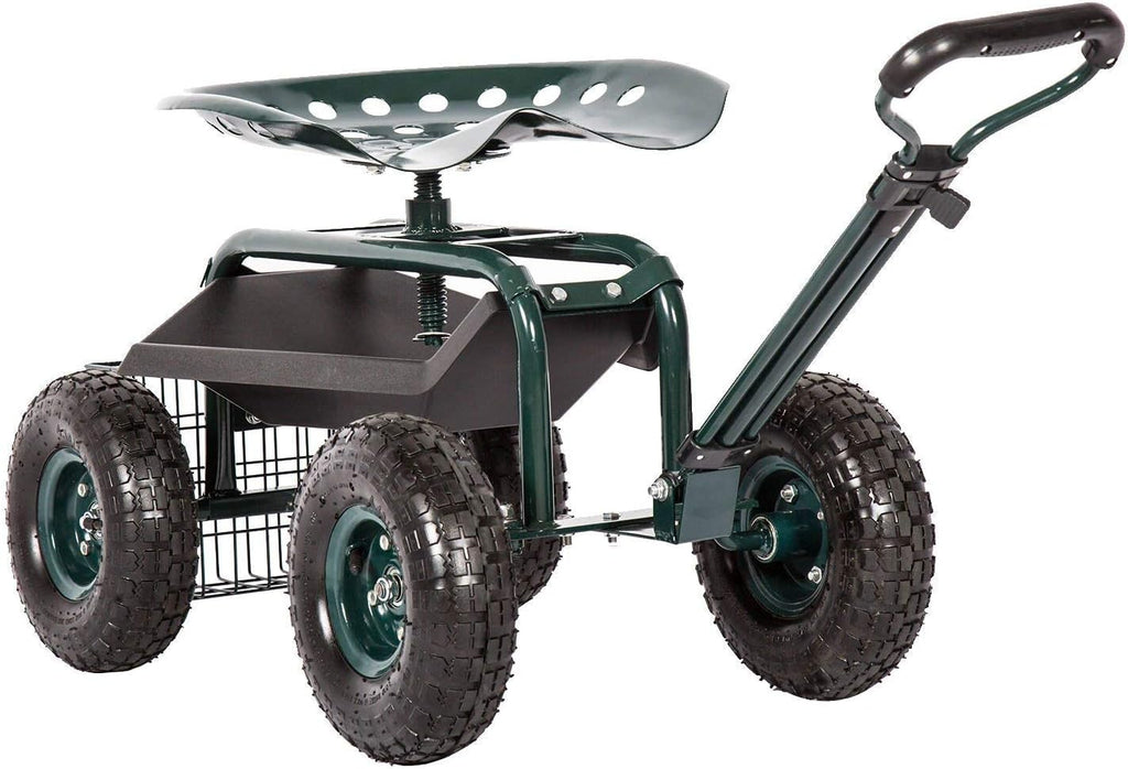 Rolling Utility Garden Cart Patio Wagon with Adjustable 360 Degree Swivel Seat Heavy Duty Steel Frame Q414