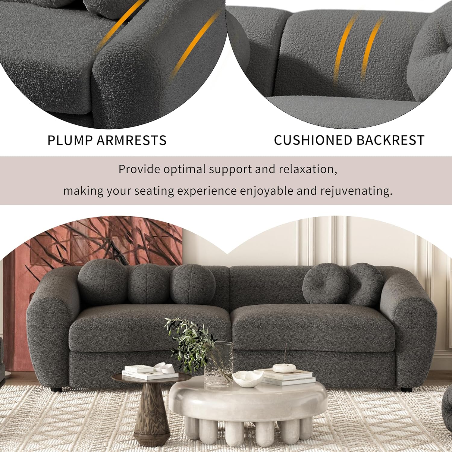Grey Teddy Fabric 3 Seater Sofa with 5 Throw Pillows M4435