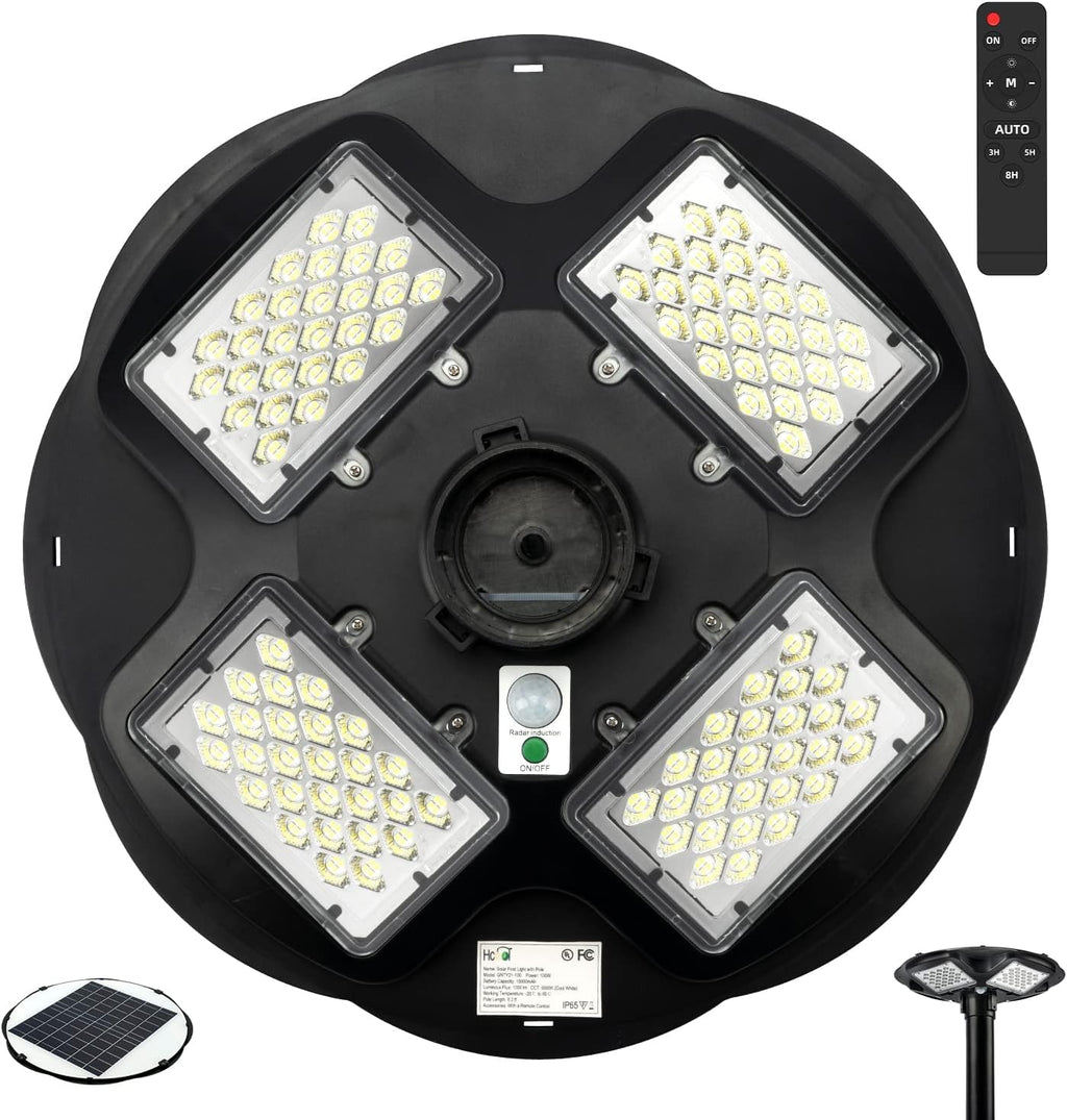 100W LED Solar Pole Light with 98 inch Pole IP65 Waterproof 6500K Auto Dusk to Dawn with Remote W608938