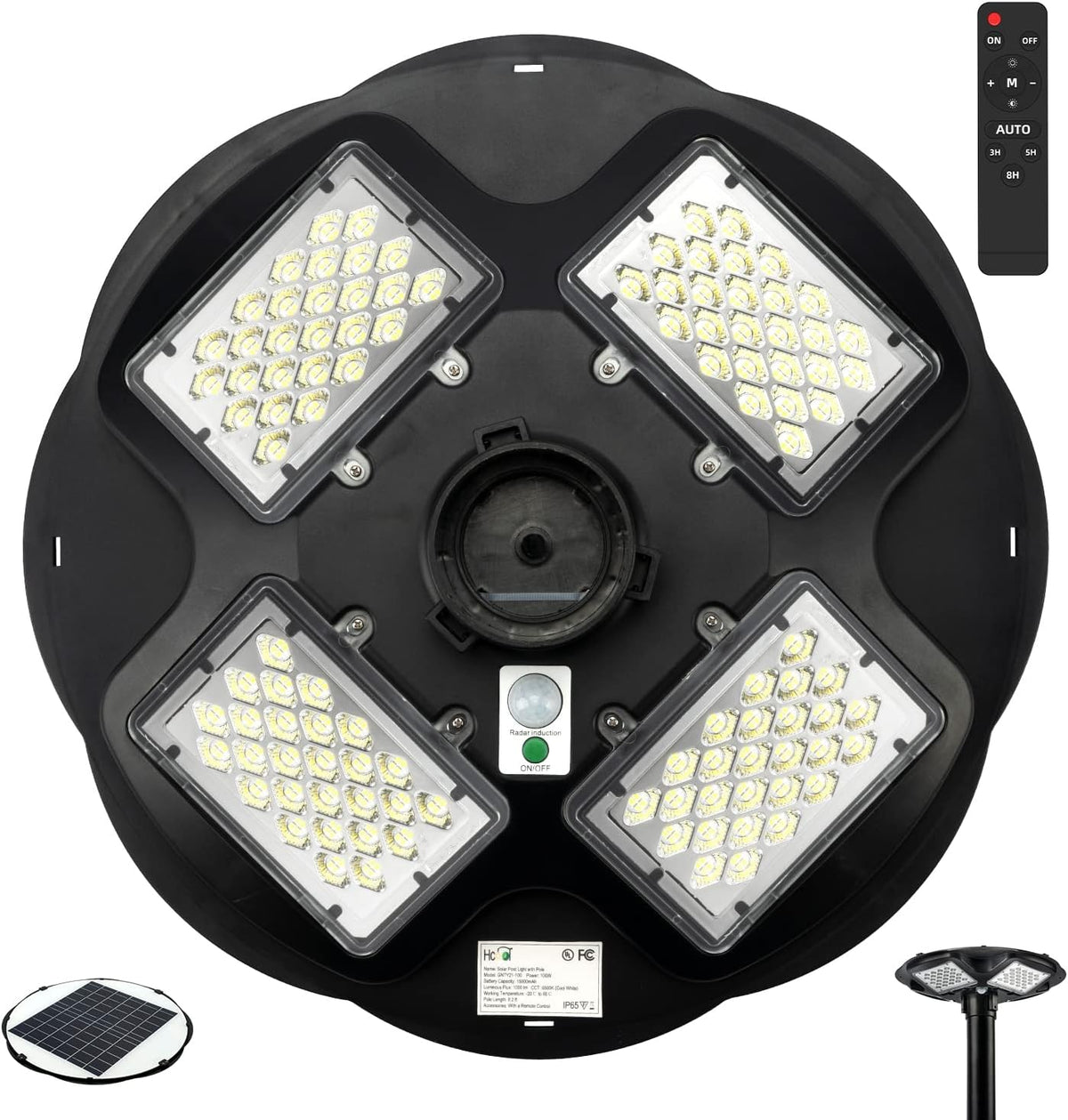 100W LED Solar Pole Light with 98 inch Pole IP65 Waterproof 6500K Auto Dusk to Dawn with Remote W608938