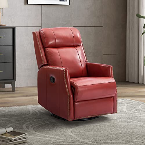 Red Genuine Leather Swivel Recliner Chair with Nailhead Trims Q145622