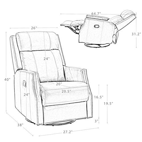 Red Genuine Leather Swivel Recliner Chair with Nailhead Trims Q145622