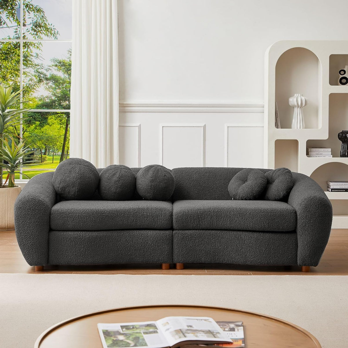 Grey Teddy Fabric 3 Seater Sofa with 5 Throw Pillows M4435