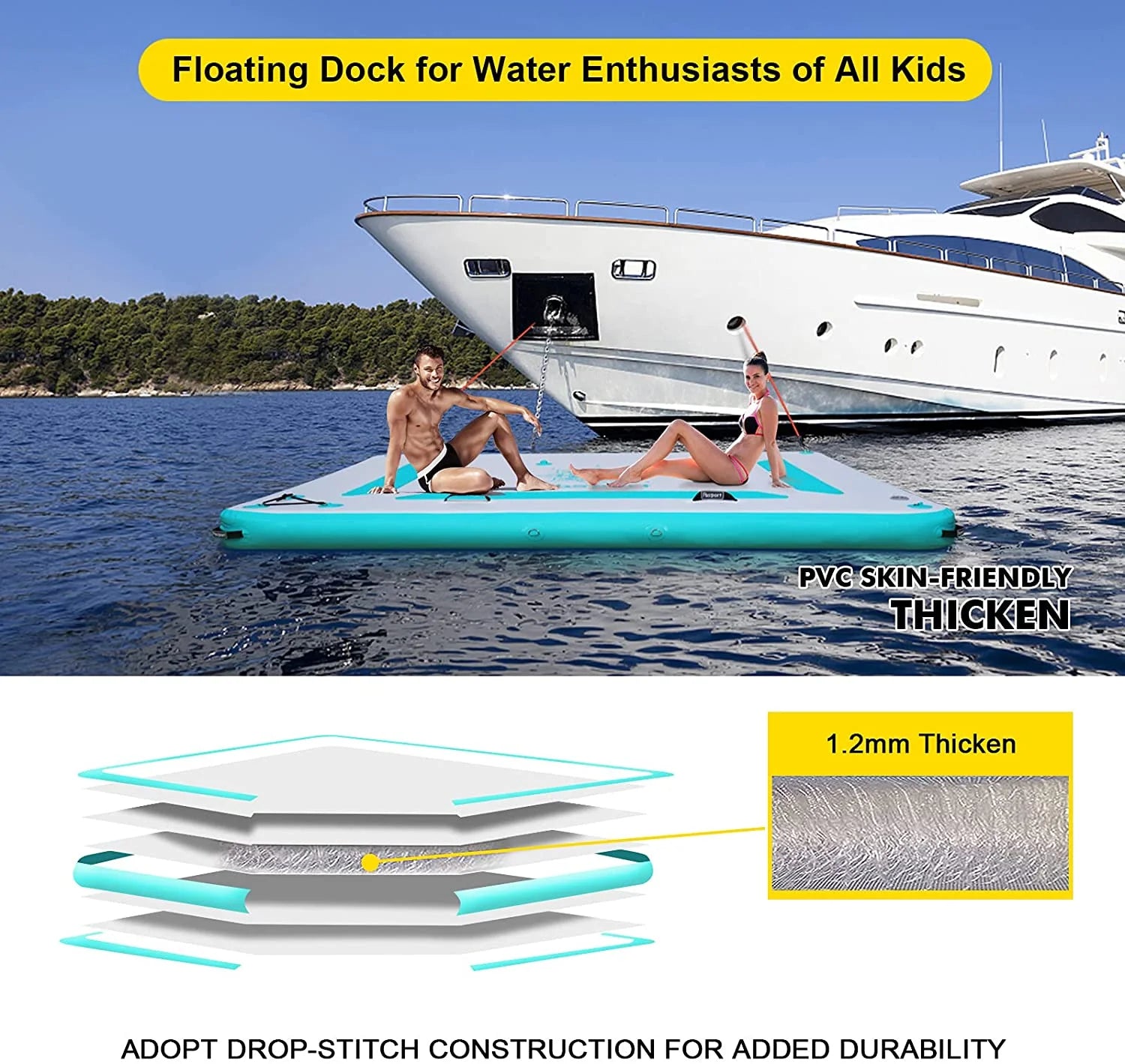 Inflatable Floating Dock Mat, 8ft Water Swim Deck with None-Slip Surface P6205