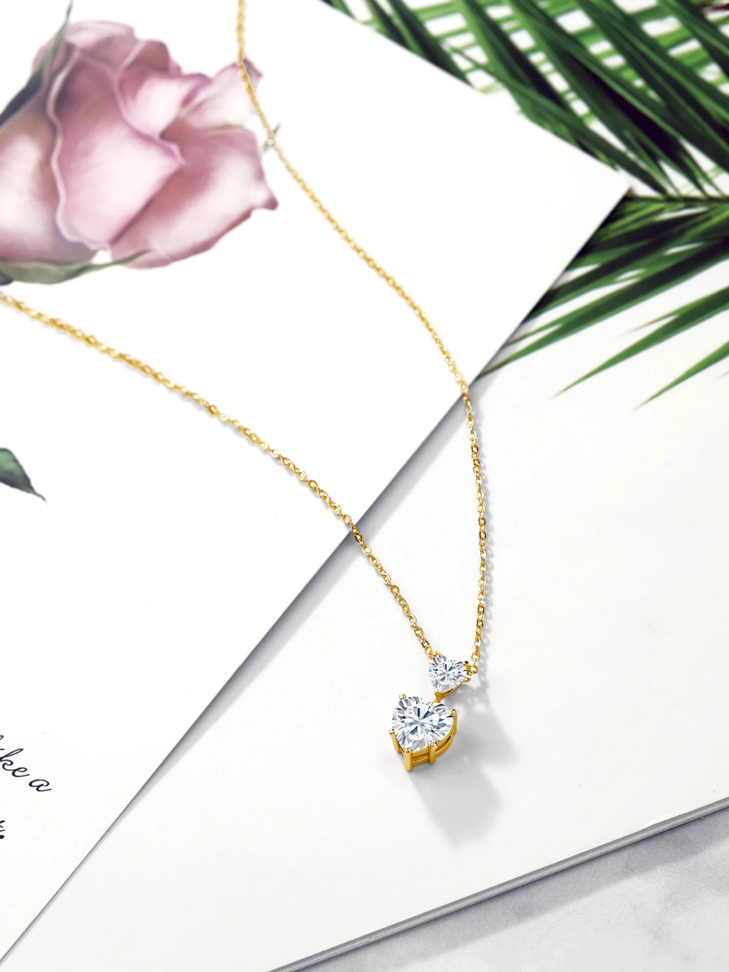 18K Yellow Gold Plated Silver White Moissanite Double Heart Pendant Necklace with 18 inch Silver Chain D415