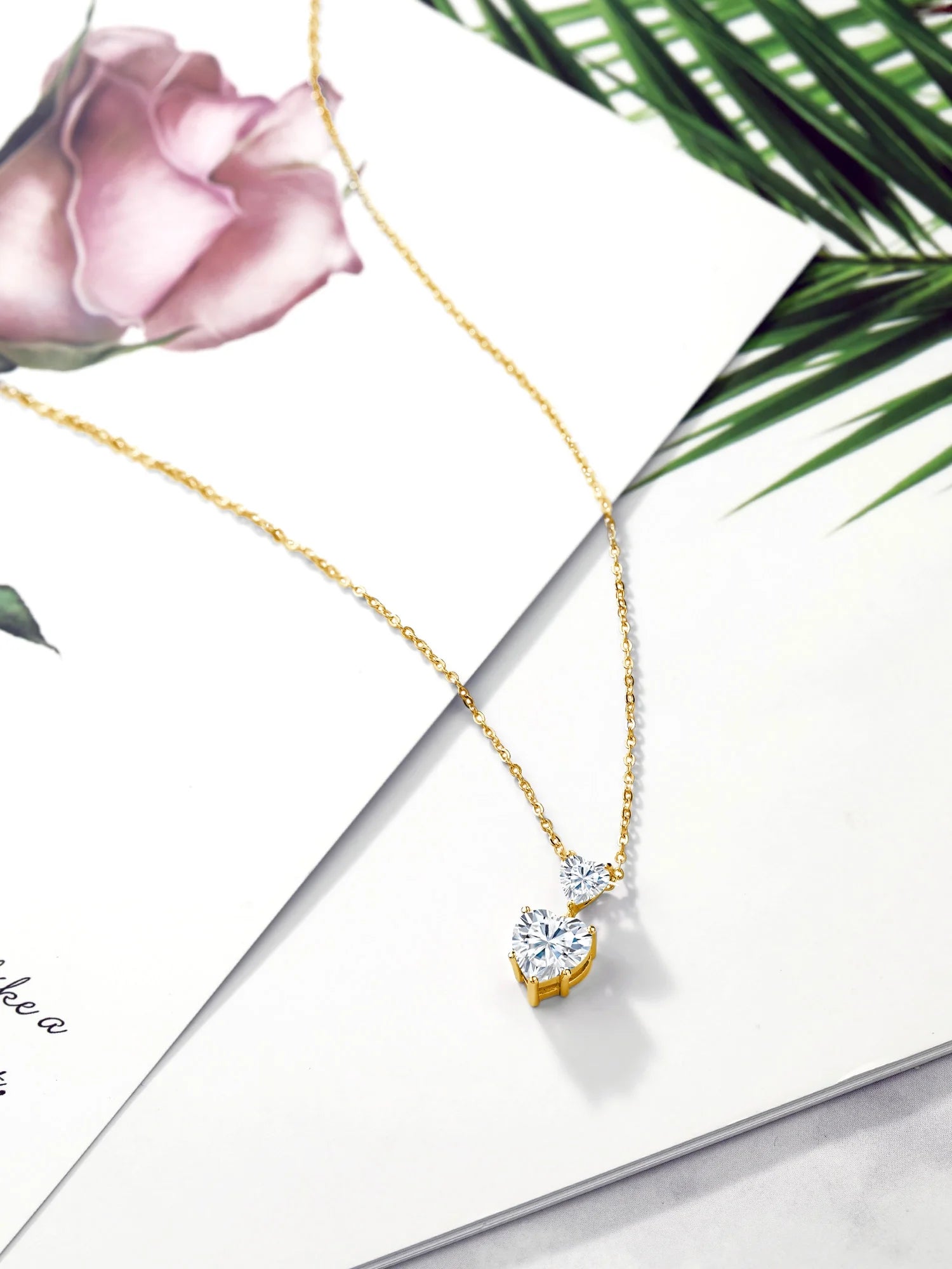 18K Yellow Gold Plated Silver White Moissanite Double Heart Pendant Necklace with 18 inch Silver Chain D415