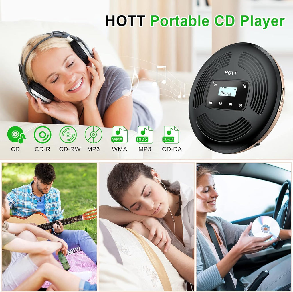 Portable CD Player with Bluetooth FM Transmitter AUX Output Rechargeable 1800mah Touch Button Anti-Skip Shockproof Protection T77391