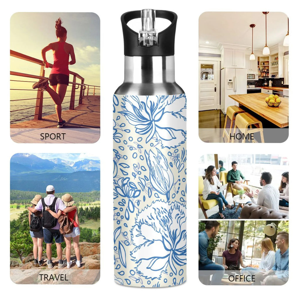 Retro Blue Floral Bouquet Stainless Steel Insulated Flask O662388