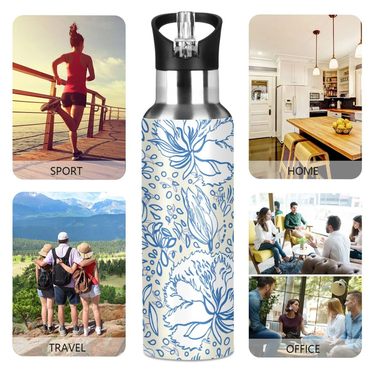 Retro Blue Floral Bouquet Stainless Steel Insulated Flask O662388
