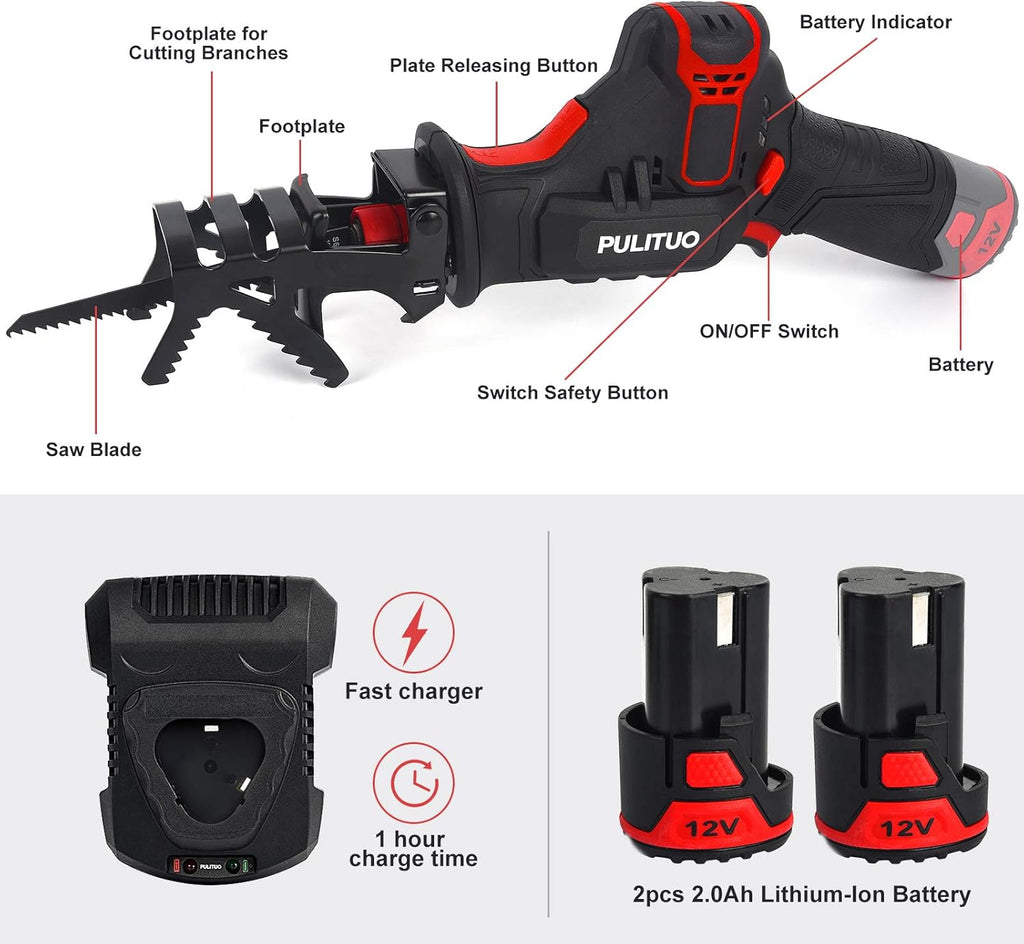 12V Cordless Reciprocating Saw with 2pcs 2.0Ah Li-Ion Battery and 4 Saw Blades H966