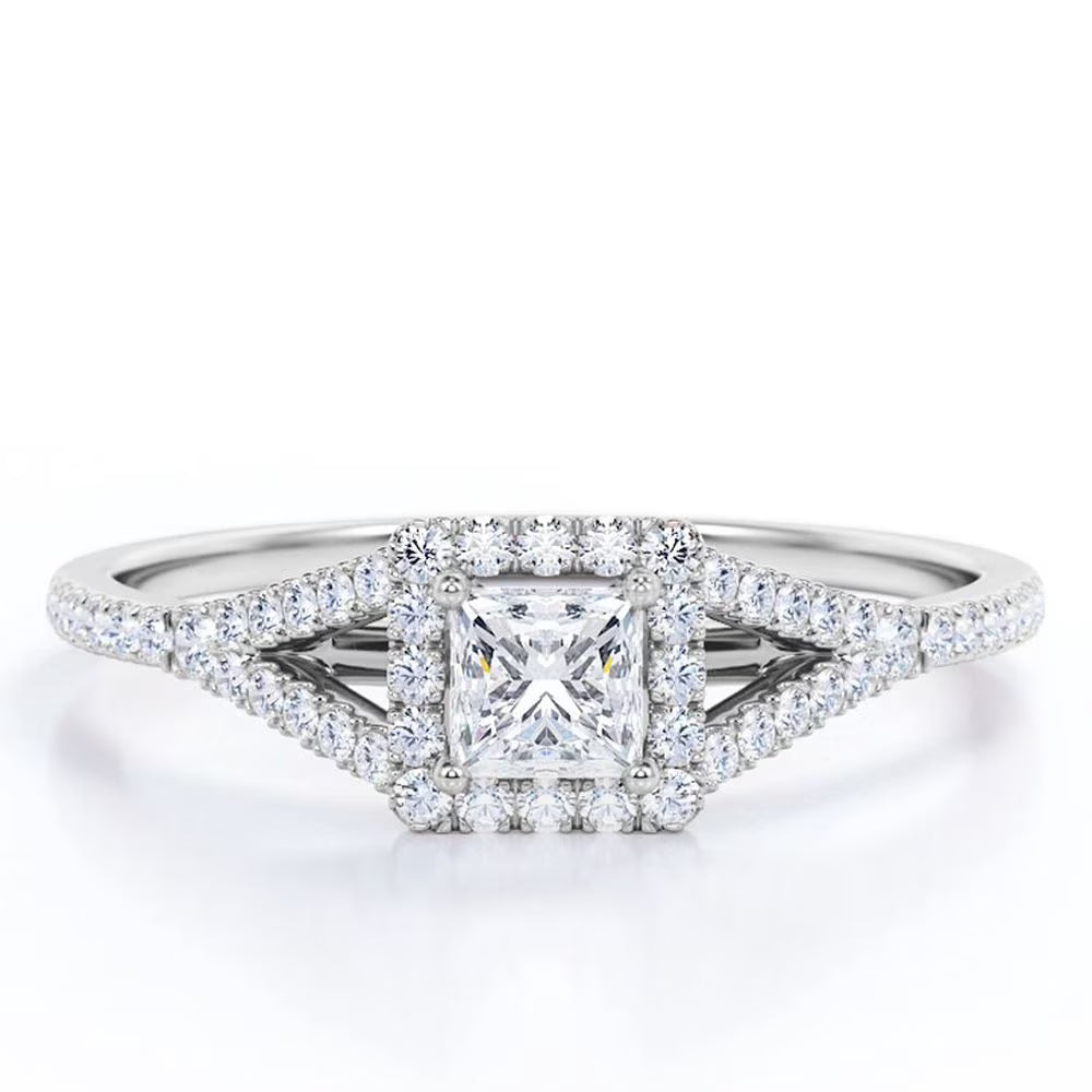 18K White Gold over Silver Princess Cut Diamond Halo Engagement Ring X9354