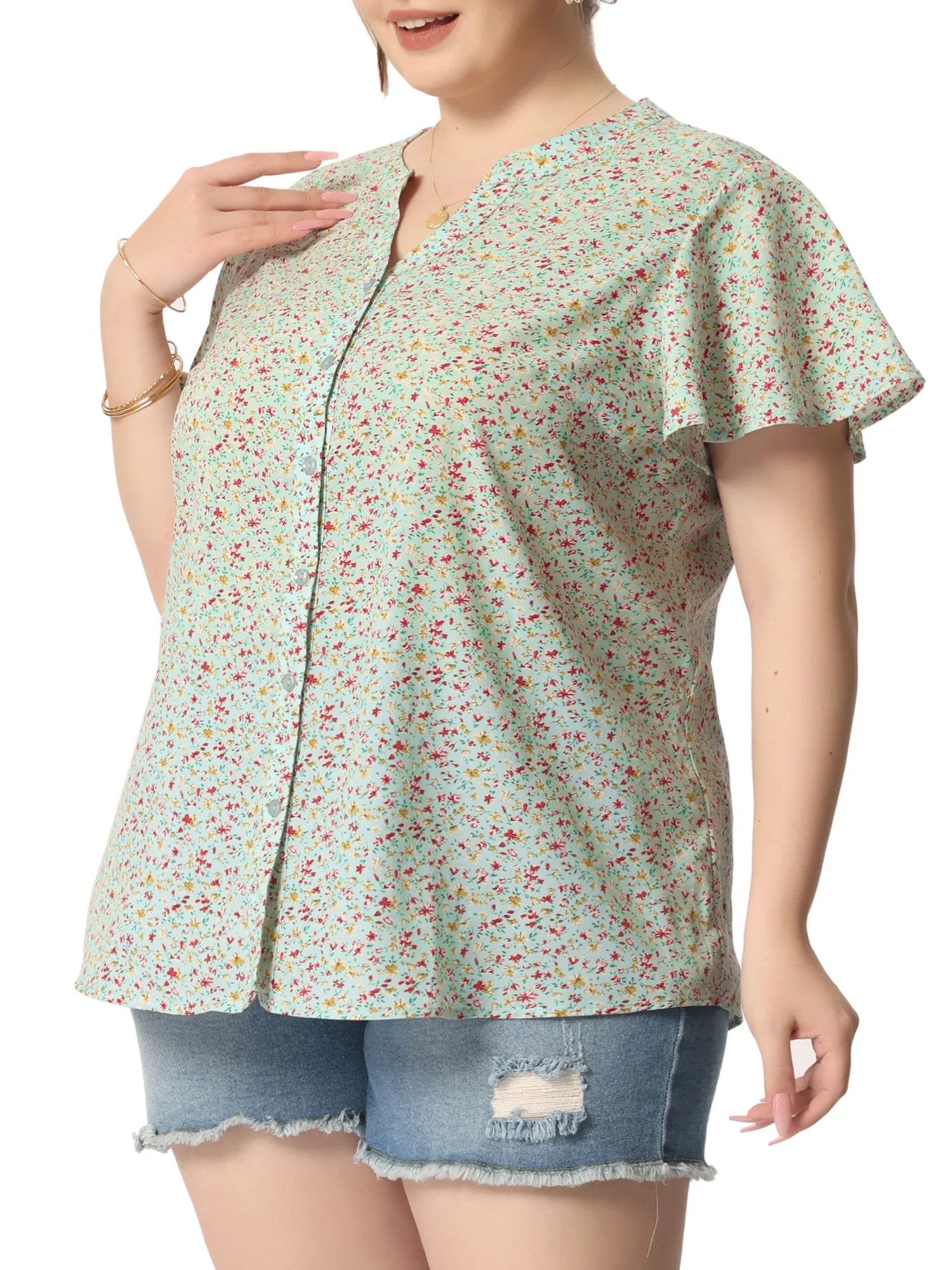 Plus Size Button Down Flare Short Sleeve Chiffon Blouse K74095