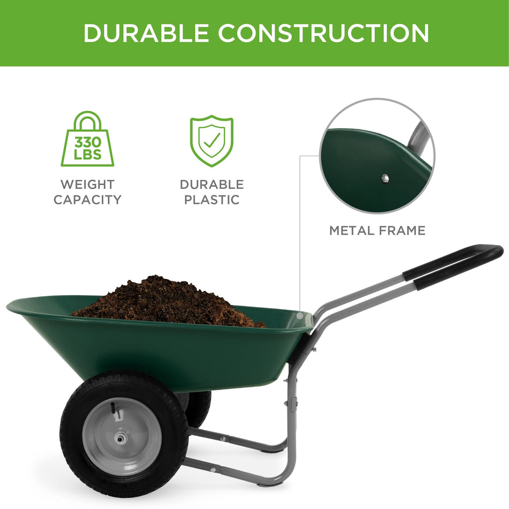 Green Dual Wheel Home Wheelbarrow Yard Garden Cart O7506