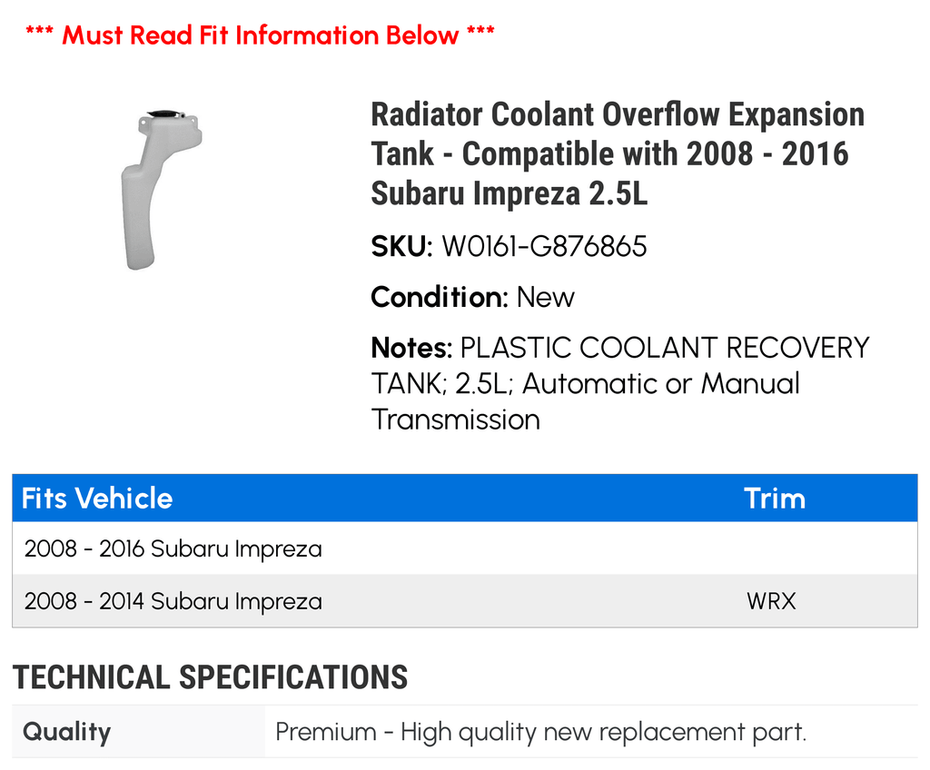 Radiator Coolant Overflow Expansion Tank W950407