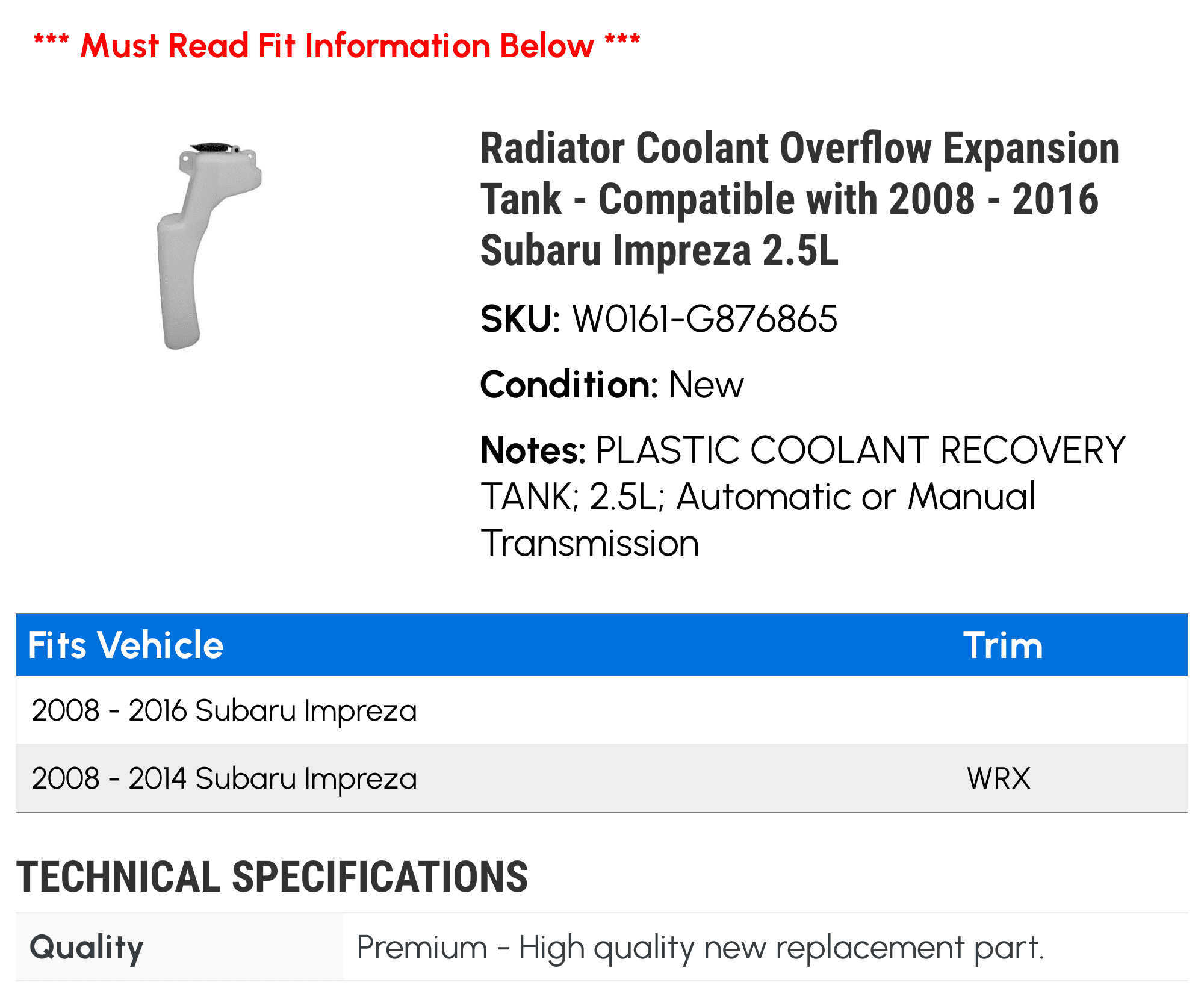 Radiator Coolant Overflow Expansion Tank W950407