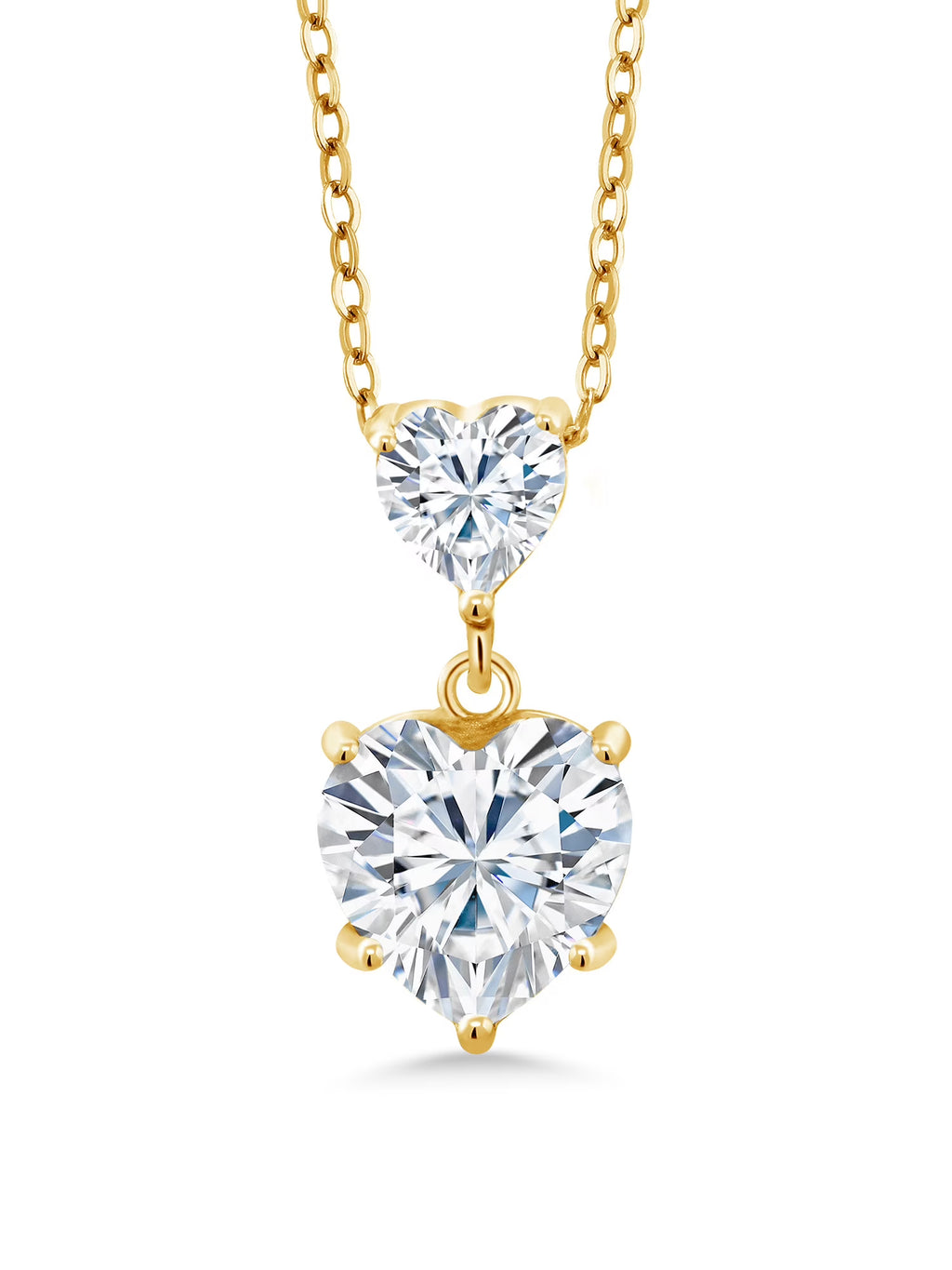 18K Yellow Gold Plated Silver White Moissanite Double Heart Pendant Necklace with 18 inch Silver Chain D415