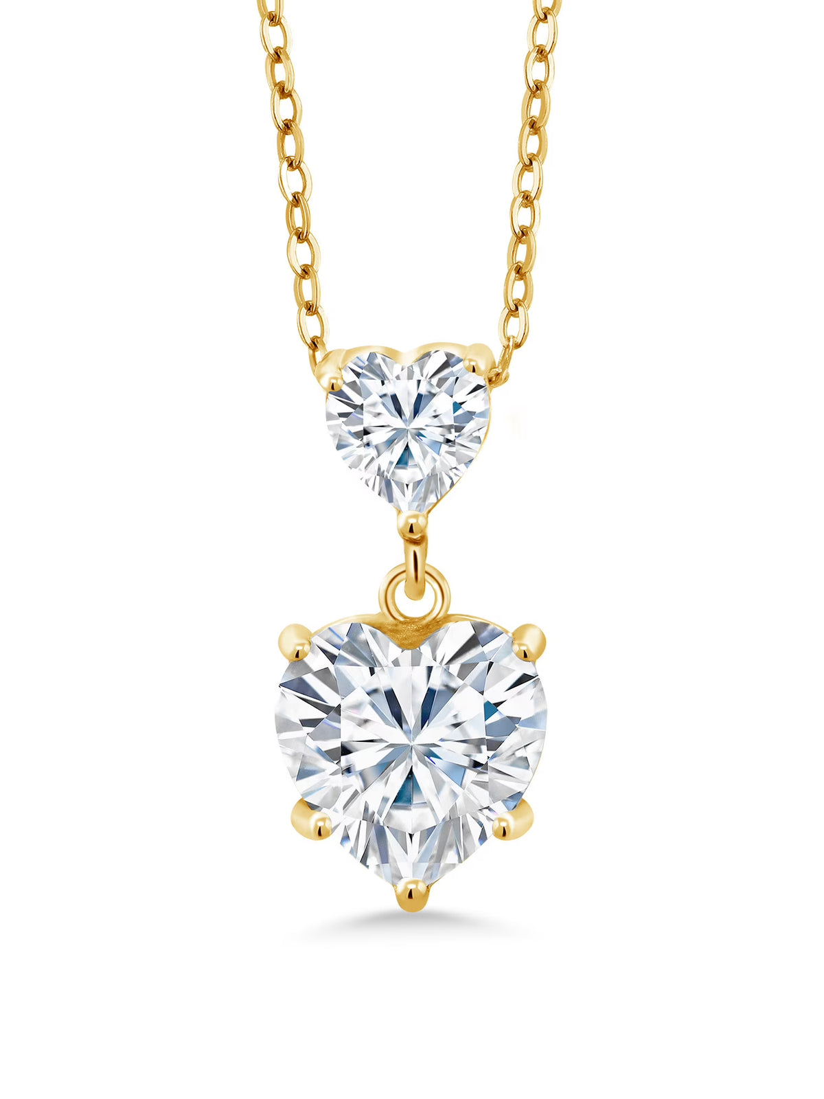 18K Yellow Gold Plated Silver White Moissanite Double Heart Pendant Necklace with 18 inch Silver Chain D415