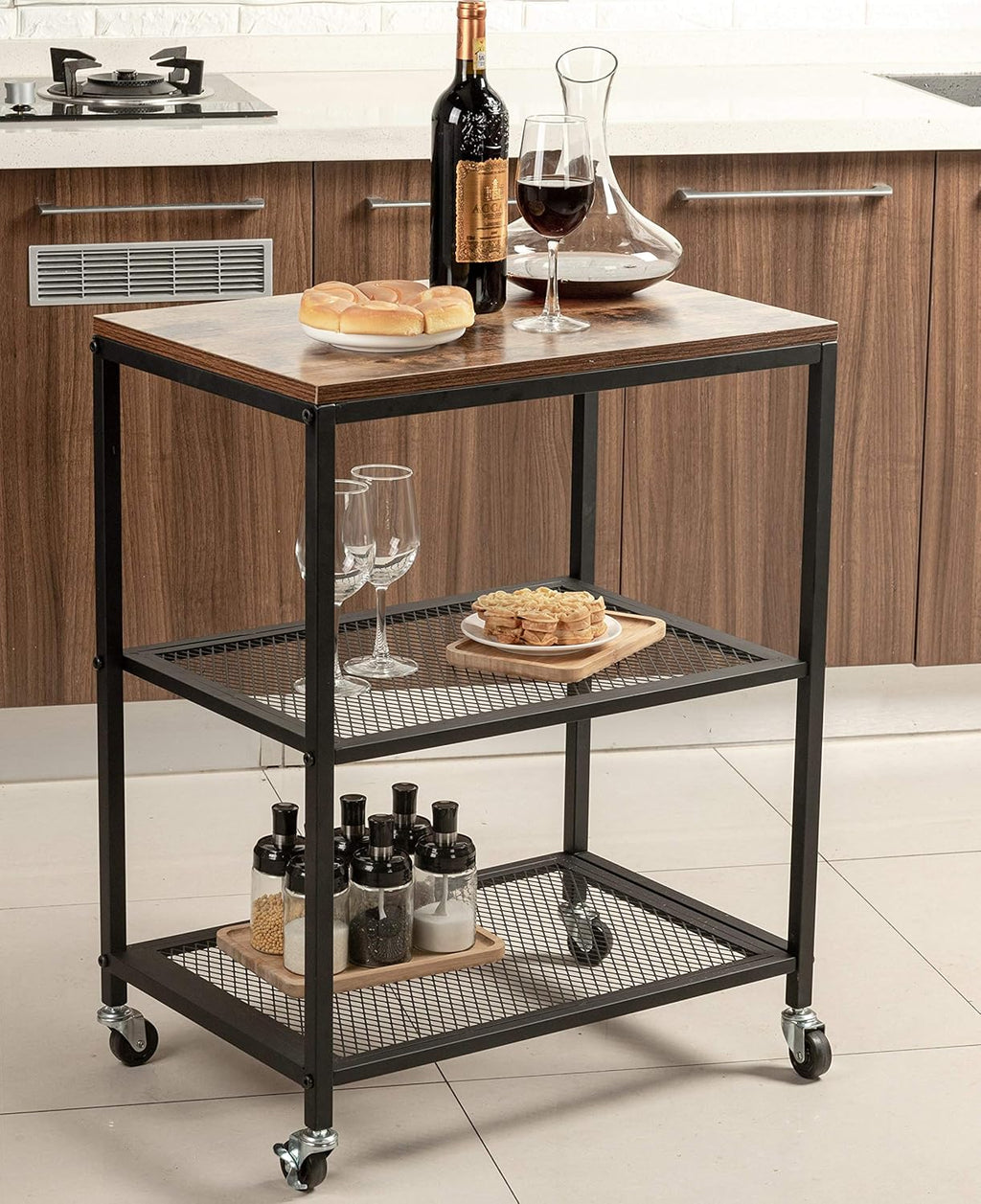 Rustic Mobile Kitchen Serving Cart Wood Metal Serving Trolley M284