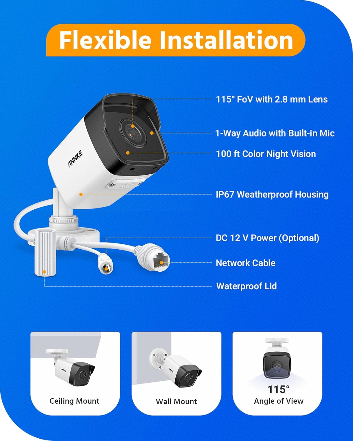 5MP PoE Security IP Bullet Camera with Audio, Color Night Vision, Built-in Mic Q6462