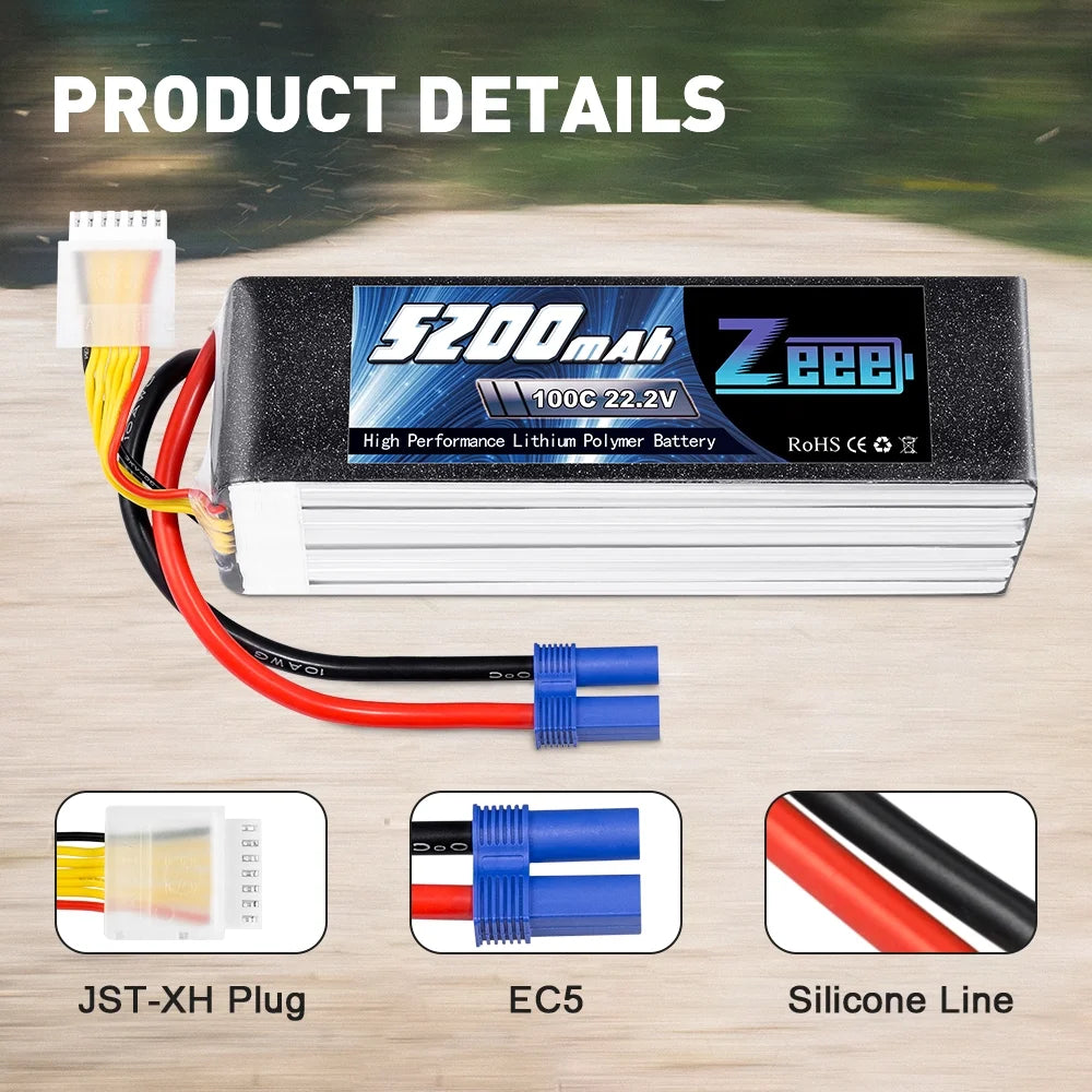 22.2V 100C 5200mAh 6S Lipo Battery EC5 Connector (2 Pack) G952258