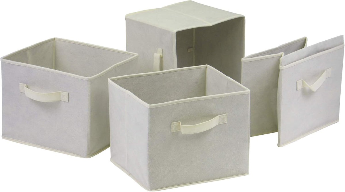 Wood 4 Section Storage Shelf with 4 Beige Fabric Foldable Baskets E61300