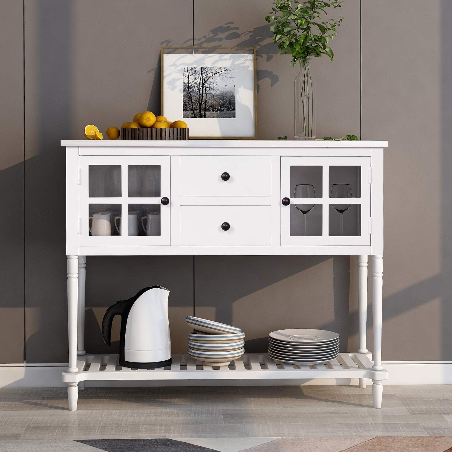 White and Brown 4 Drawers Storage Console Table with Cabinet and Shelf R179173