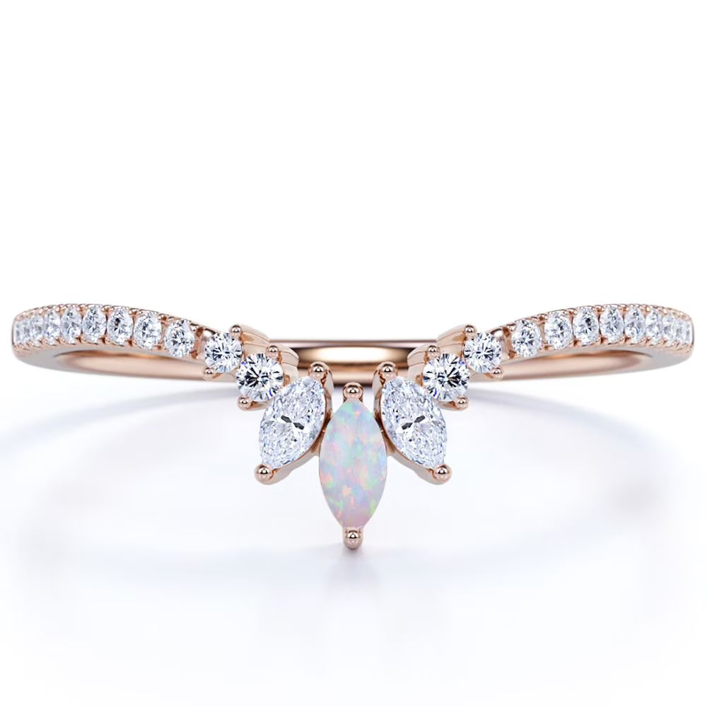 Vintage Marquise Fire Opal and Moissanite Stackable Wedding Band in 18K Rose Gold over Silver U2713