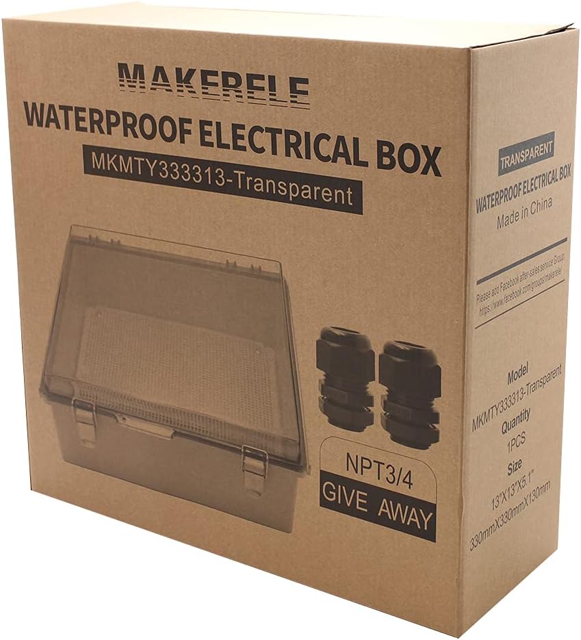 IP67 Waterproof Junction Box Plastic Enclosure Clear Cover Plate with Stainless Steel Buckles 13×13×5.1 inch D41749