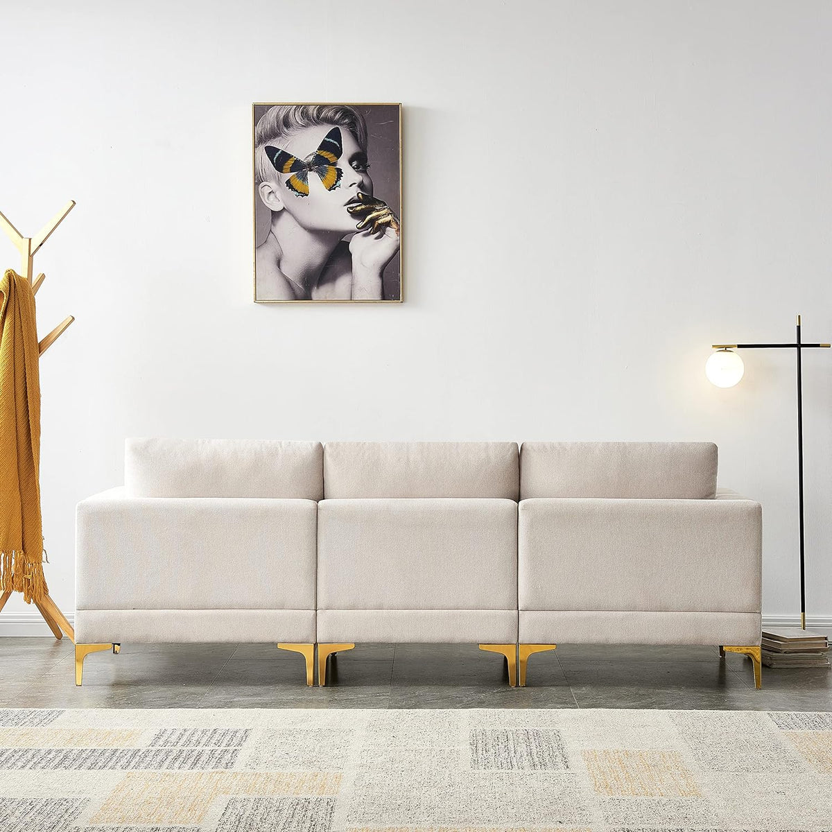 Beige Reversible Modular Couch with 2 Pillows and Metal Legs C678
