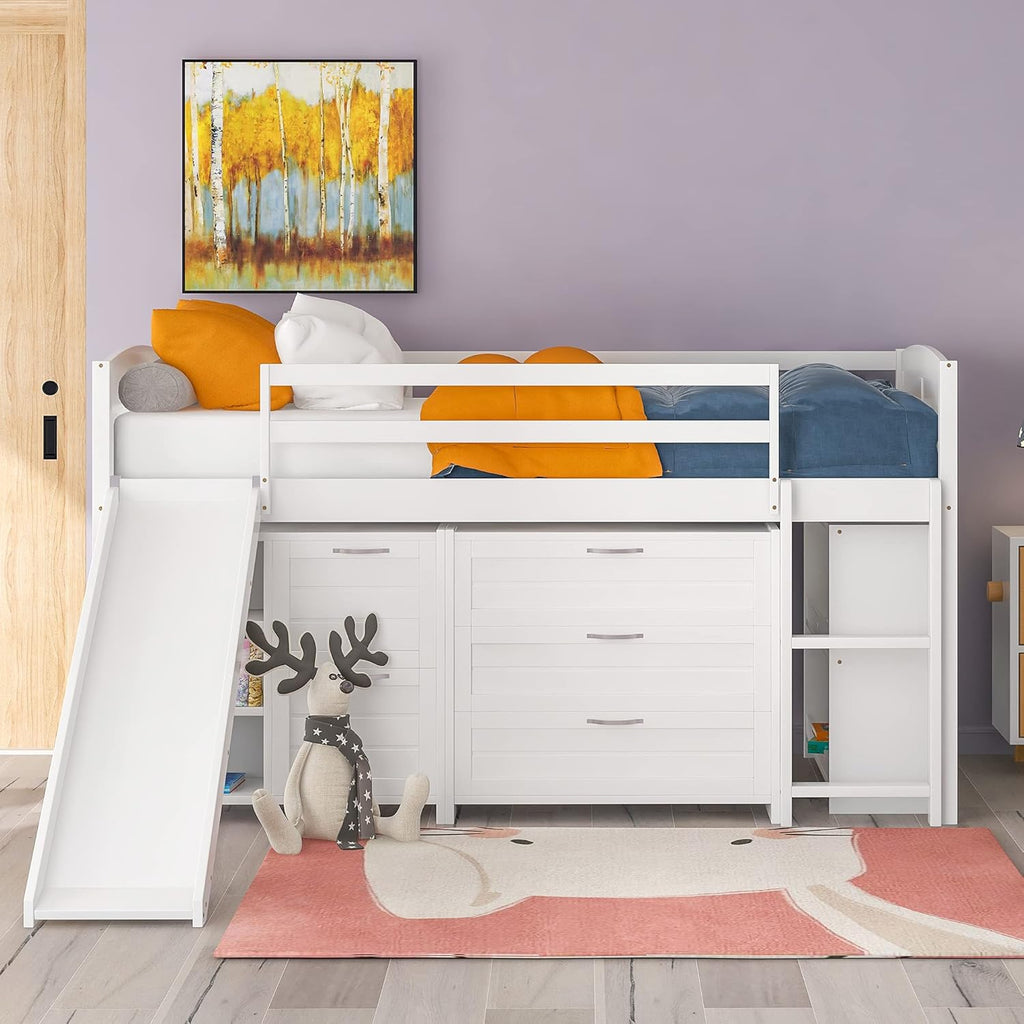 Twin Loft Bed with Desk and Cabinet Wooden Bunk Bed Q922