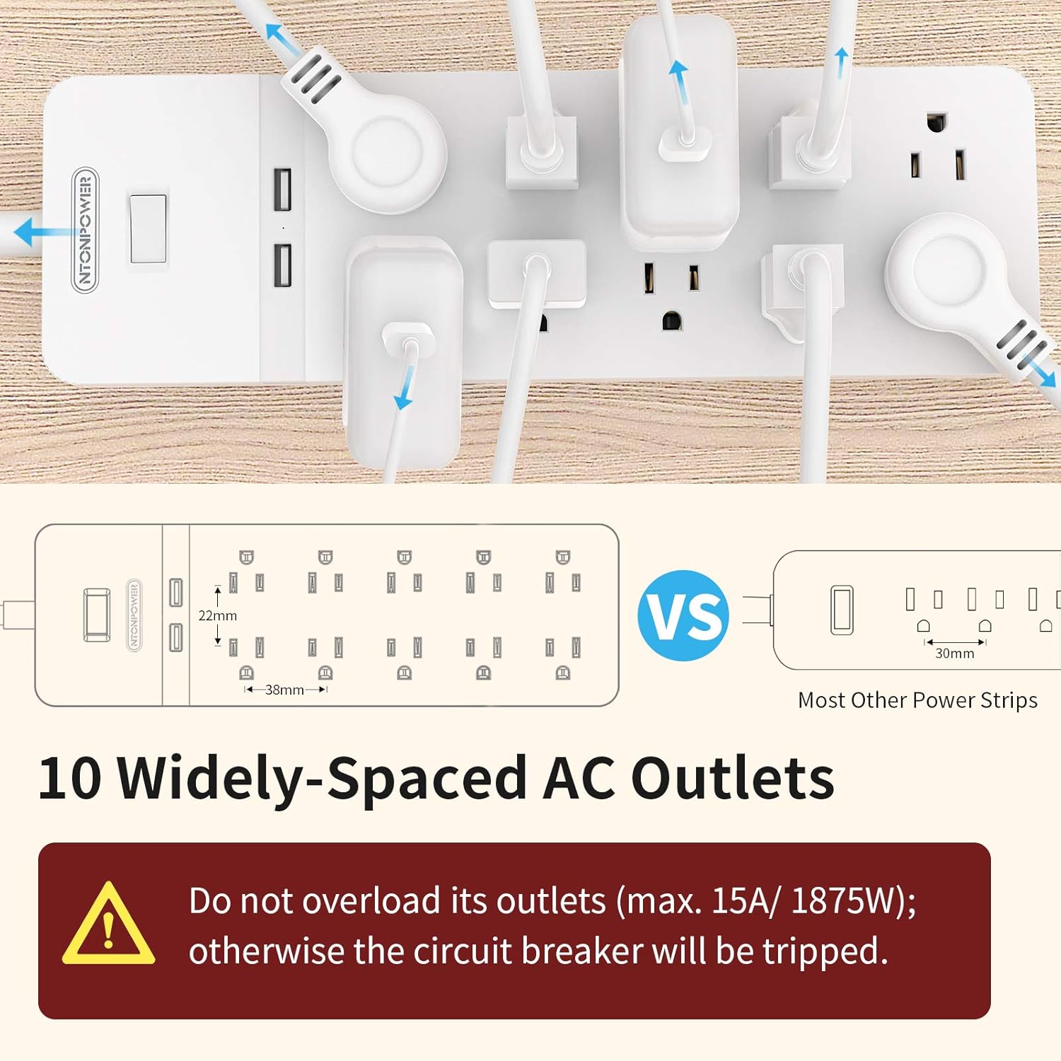 25 Ft Extension Cord Surge Protector with 10 Outlets 2 USB, Pack of 2 G35554