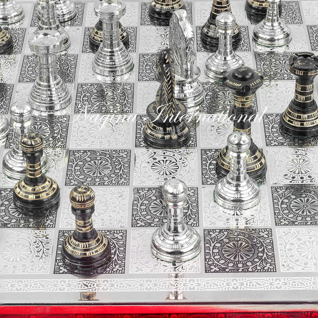 Solid Brass Black Chess Set with Red Velvet Storage Case T170454
