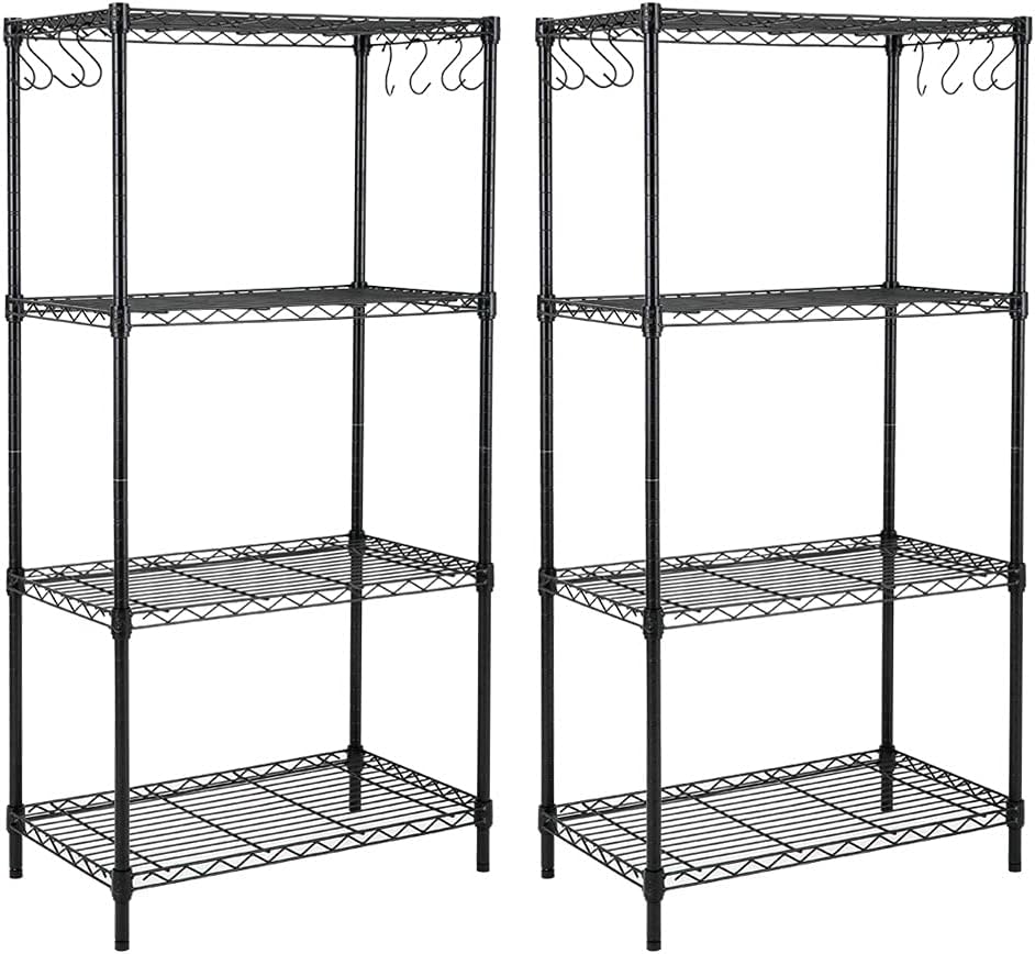 4-Shelf Steel Wire Shelving Unit with 8 Hooks, Black, Pack of 2 X7132