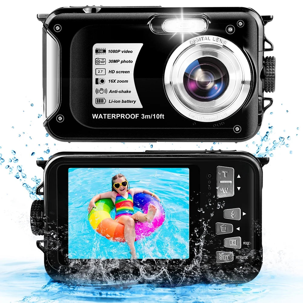 Black Waterproof Digital Camera 30 MP Full HD 1080P 16X Digital Zoom O7366