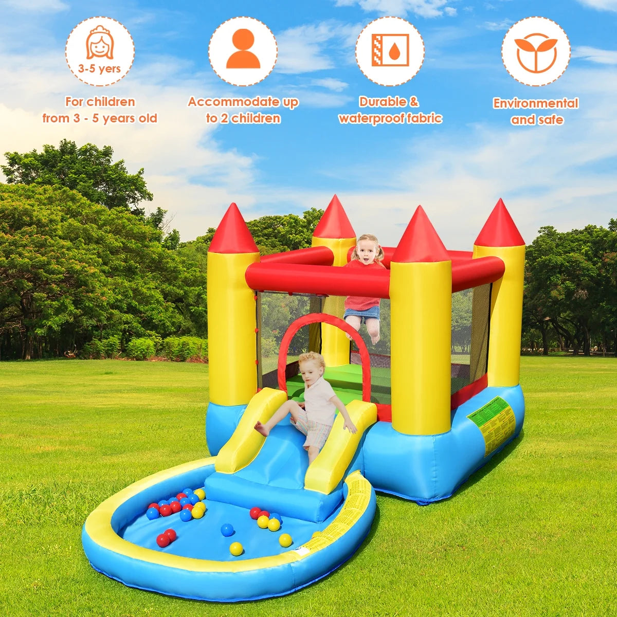 Inflatable Bounce House Kids Slide Jumping Castle with Pool and 550W Blower D7031