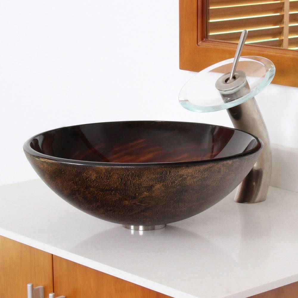 Brown Glass Bathroom Vessel Sink and Waterfall Faucet O416499