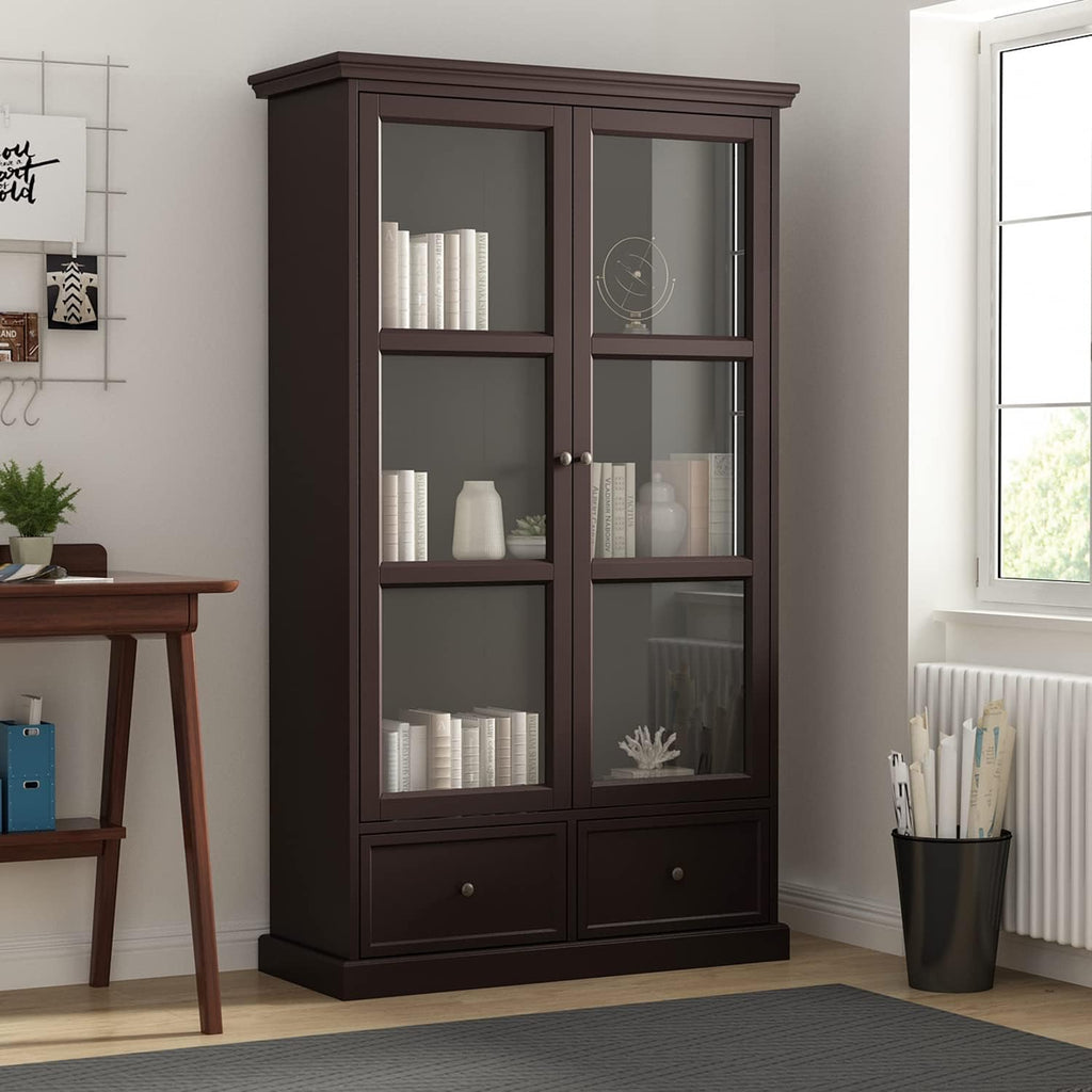 3-Tier Tall Bookcase with Glass Door & 2 Drawers, Espresso V519