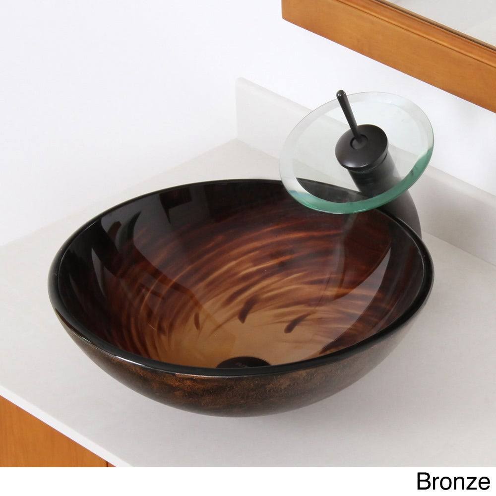 Brown Glass Bathroom Vessel Sink and Waterfall Faucet O416499