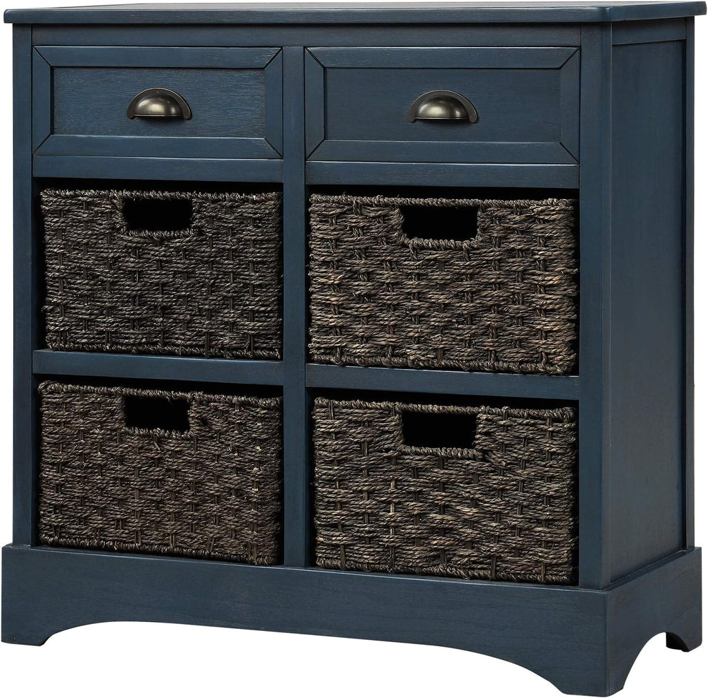 Solid Wood Wicker Storage Cabinet with 4-Basket Chest and 2 Drawers W363008