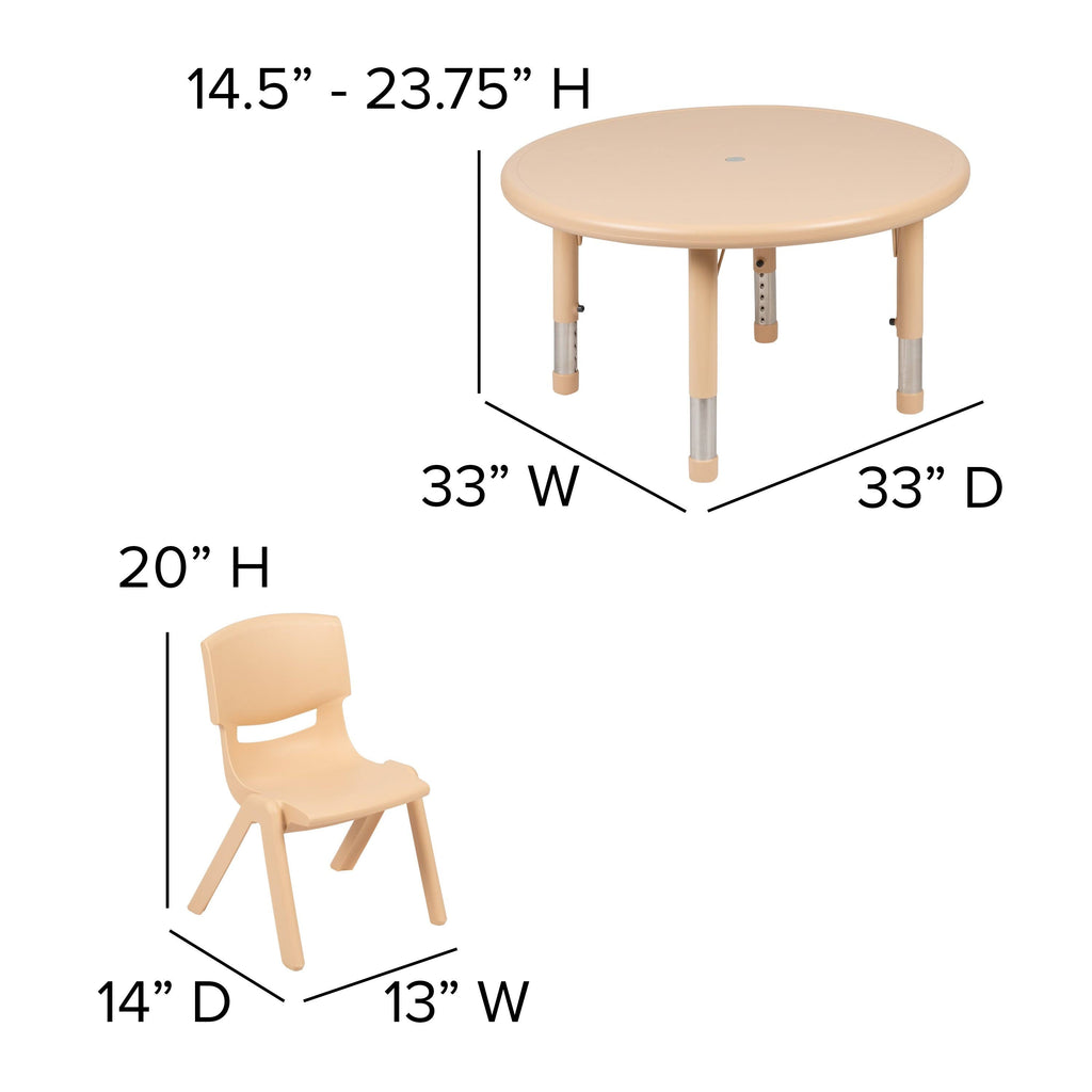 Red 33 inch Round Plastic Height Adjustable Activity Table Set with 4 Chairs W39516