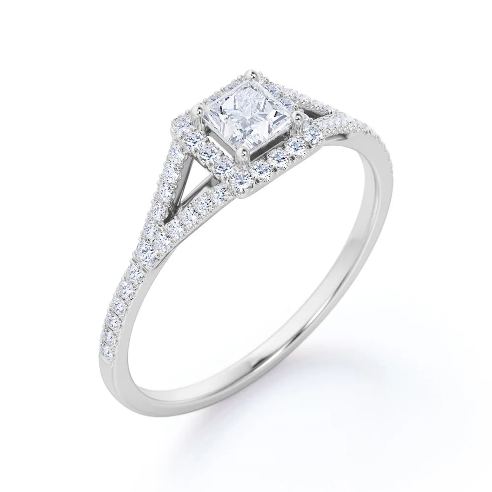 18K White Gold over Silver Princess Cut Diamond Halo Engagement Ring X9354