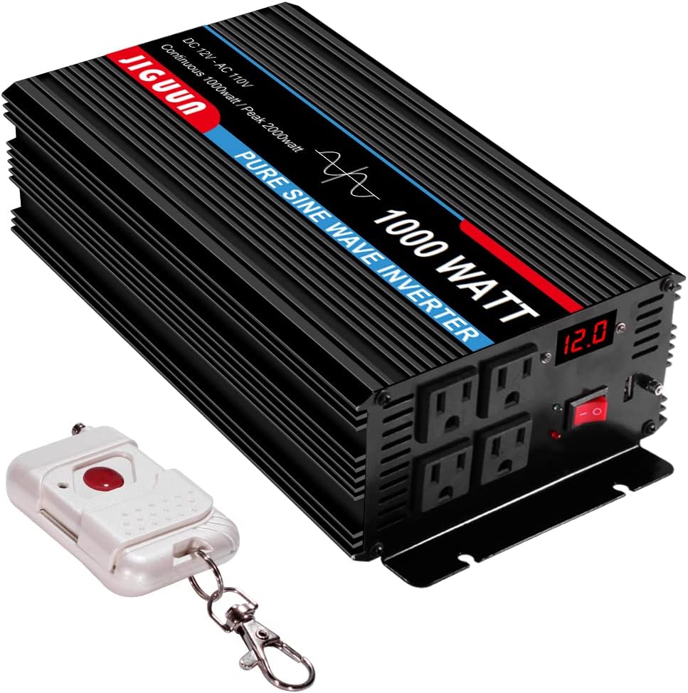 Power Inverter Pure Sine Wave 1000 Watt DC 12V to AC 110V with LCD, 4 AC Outlets, USB Output, 170ft Wireless Control O61163